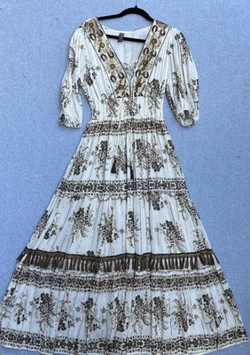 ME2 Magic Dress Womens Small Cream Fairy Boho Peasant Maxi Tiered Tassel Fringe - Image 1 of 4