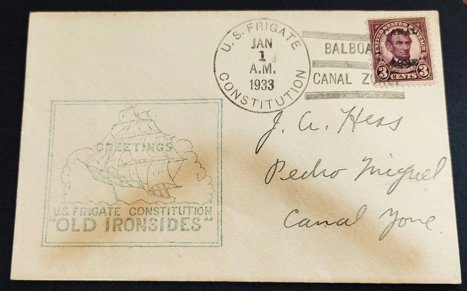 USS Frigate Constitution at Balboa, Canal Zone 1/1/33 rubberstamp ship cachet - Image 1 of 1