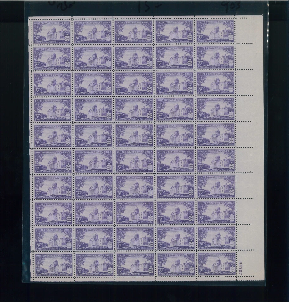 United States 3¢ Vermont Statehood Postage Stamp #903 MNH Sheet - Image 1 of 1