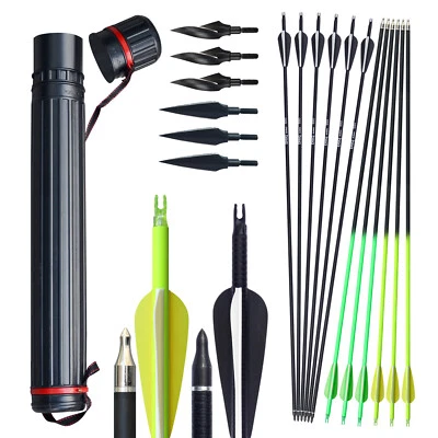 12x Archery Fiberglass Carbon Arrow Telescopic Quiver Broadheads Set Hunt Target - Image 1 of 4