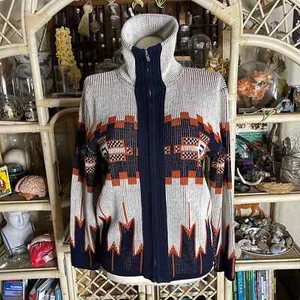 Vintage 70s Cardigan Sweater Oatmeal Blue and Orange Geometric Pattern Zip Up L - Picture 1 of 11