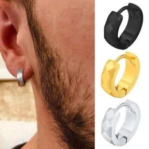 Geometric Huggie Hoop Earrings for Men Stainless Steel Circular Round - Picture 1 of 12