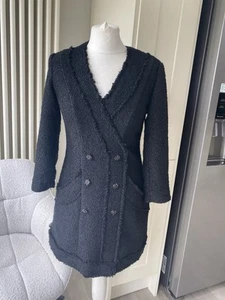 ZARA BLACK TEXTURED WOVEN BOUCLE TWEED SILVER THREAD MINI DRESS SIZE M MEDIUM 10 - Picture 1 of 18