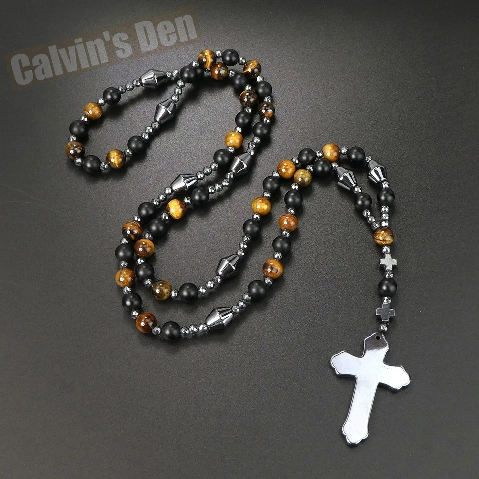 Тигровый глаз матовый черный обсидиан черный гематит крест подвеска ожерелье мужчин подарок - Изображение 1 из 4