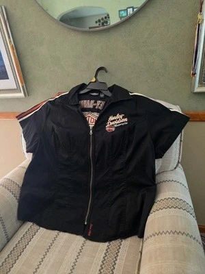 Camisa Harley Davidson Mujer Cremallera Frontal Negra Blanca Naranja Talla 3W. Bordado  Foto 1 de 4