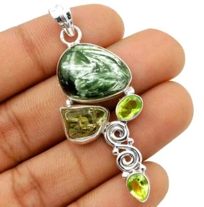 Natural Russian Seraphinite & Peridot 925 Sterling Silver Pendant Jewelry @B16-3 - Picture 1 of 1