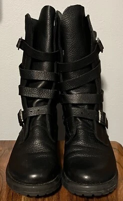 Madden Women Black Combat Boots Pebbled Leather 6.5 Buckle - Image 1 of 4