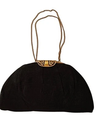 BOLSA DE NOITE VINTAGE ANOS 40 GRACELINE PRETA FAILLE GRAVADA EM OURO ESCURO RECORTES FLORAIS - Imagem 1 de 4