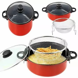 23cm Chip Pan Deep Fat Fryer Cooking Pot Frying Basket With Glass Lid Set Orange - Picture 1 of 4