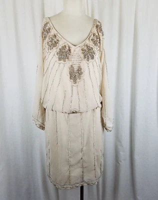 Vintage Heavily Beaded Ivory Silk Blouson Dress Gatsby Womens XL Formal Party - Image 1 of 4