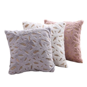 Decorative Throw Pillow Covers Plush Faux Fur with Gold Feathers Cushion Covers - Picture 1 of 11