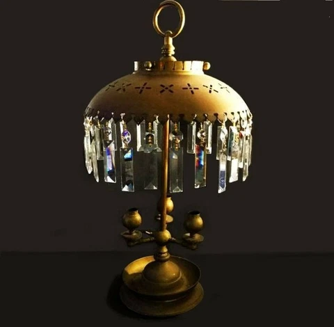 Antique French Bouillotte lamp. 19th cent.  Brass & crystal pendants.  3-candle Cover
