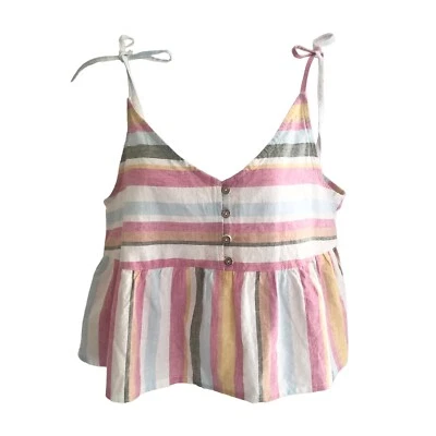 New Roxy Crop Tank Top Junior Large Stripes Tie Straps Cotton Linen Boho Light - Image 1 of 4