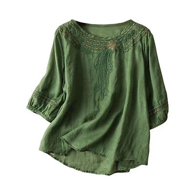 Cotton and linen top retro loose oversized embroidered thin shirt - Image 1 of 4