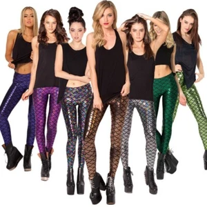 Womens Girls Fish Scale Mermaid 3D Leggings Ladies Metallic Shiny Yoga Pants - Picture 1 of 27