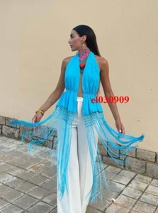 ZARA WOMAN NEW BLUE FRINGE TOP WITH OPEN BACK SIZE M REF. 7650/809 - Picture 1 of 9