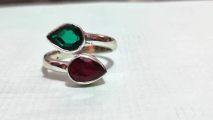 Natural 2 Ct Teardrop Cut Emerald-Ruby Two Stone 925 Sterling Silver Ring - Picture 1 of 8