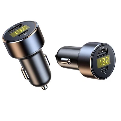 12/24V LED Digital Display USB Type-C PD Car Charger 18W 2.4A Cigarette Lighter - Image 1 of 4