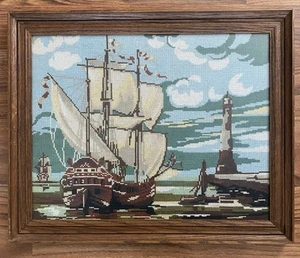 Vtg Framed Completed Needlepoint Nautical Clipper Ship/Lighthouse Scene 22”x18” - Picture 1 of 4