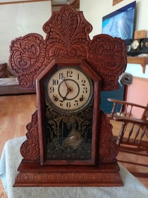 antique ingraham ginger bread mantle clock, serviced a good runner appx. 100 yrs - Image 1 of 4