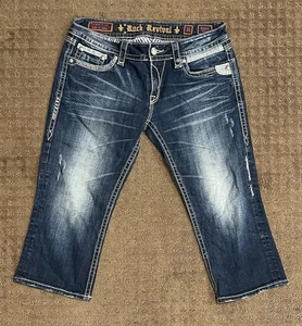 Rock Revival Alanis Capri Women's Distressed Med Wash Thick Stitch Denim Size 31 - Picture 1 of 8