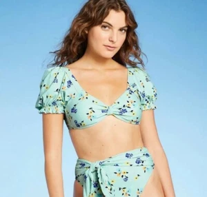 Sea Angel Puffed Sleeve Bikini Top Womens Medium Removable Pads Floral Print - Picture 1 of 10