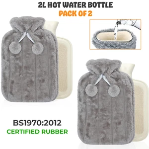2 x 2L Cosy Faux Fur Hot Water Bottle Natural Rubber Warmer Pain Relief Heat New - Picture 1 of 9