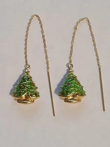 VINTAGE 14K YELLOW GOLD CHRISTMAS TREE THREADER EARRINGS JACMEL JCM GREEN & RED - Picture 1 of 9