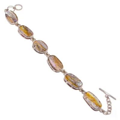 Elongated Oval Mother of Pearl Gemstone Handmade Engraved Flower MOP Bracelet - Image 1 of 3