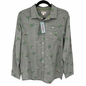 Cat & Jack Boys Size XXL (18) Surfing Dinosaur Print Gray Button Up Shirt NEW - Picture 1 of 6