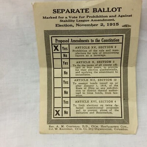 Boleta de papel separada vintage del 15 de noviembre de Ohio Dry Prohibition Enmienda Emisión - Imagen 1 de 6