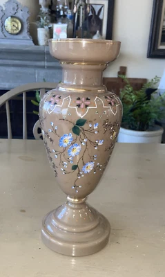 Antique Bristol Glass Vase CHOCOLATE color~Hand Painted Enamel Gold Accents - Image 1 of 4
