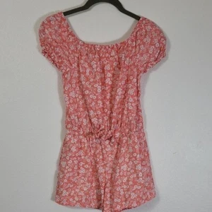 GAP Kids Girls Floral Romper Size 10/12 Short Puff Sleeve Shorts Cotton Orange - Picture 1 of 11