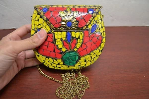 GOLD TURQUOISE RED CORAL BLUE LAPIZ LOOK HANDMADE METAL PURSE T-1181D - Picture 1 of 4