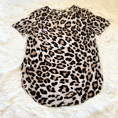 H M Womens Top Medium Black Tan Cheetah Mob Wife Shirt Keyhole Neck Safari 13127 - Image 1 of 4