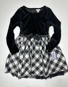 Cat & Jack Girls' Plaid Velour Long Sleeve Dress Black Kids Size Large 10/12 - Picture 1 of 7