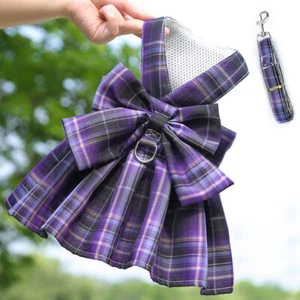 Small Pet Dog Plaid Bow Skirt Vest Dress Clothes Puppy Cat Harness + Leash Set - Picture 1 of 21