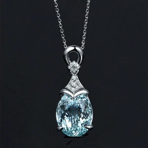 3.50CT Oval Cut Simulated Aquamarine Pendant Necklace 14K White Gold Over 18" in - Picture 1 of 6
