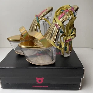 Golden Bulls Colima Gold Rhinestone Harness Strap Clear Platform High Heel Shoes - Picture 1 of 12