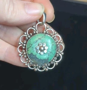 Medallón Flor Colgante Redondo Turquesa Plata de Ley 925 De Colección *LEER* - Imagen 1 de 4