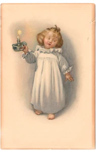 MM Vienne #635 Max Munk Vintage Postkarte ~ verschlafenes Mädchen im Nachtkleid mit Kerze - Bild 1 von 2