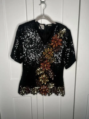 Stenay Vintage Black Sequin Floral Fall 100% Silk Blouse   Women's Size Small - Image 1 of 4