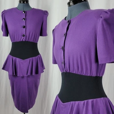 Vestido peplum tejido púrpura vintage con cintura acanalada negra y falda recta talla S? Foto 1 de 4