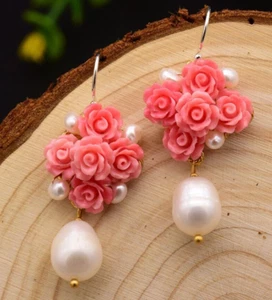Pendiente retro mar sur blanco perla coral rosa flores prensadas plata 925 - Imagen 1 de 5