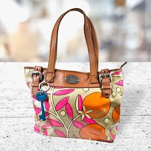 Fossil Key-Per Purse Hand Shoulder Bag Coated Canvas Orange Blossom w/Charms
