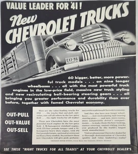 Camión Chevrolet 1941 anuncio vintage 14 x 10 líder de valor - Imagen 1 de 1