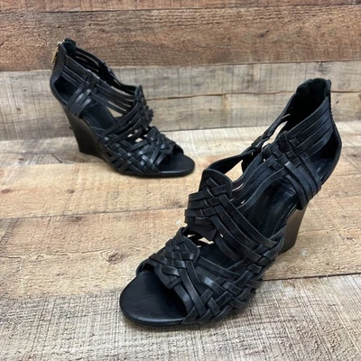 Tacones de cuña Tory Burch para mujer de cuero negro tejido con cremallera trasera talla 8,5 M Foto 1 de 4