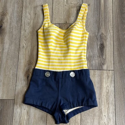 复古 Catalina 比基尼泳装/短裤白色蓝色黄色运动服海滩 8 条纹 — 第 1/4 张图片