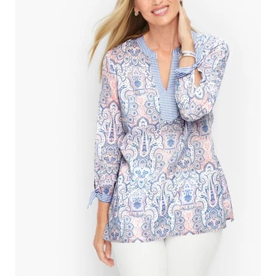 Talbots Tie Sleeve Tunic Top Island Paisley Blouse Medium Cotton V-Neck Women's - Image 1 of 4
