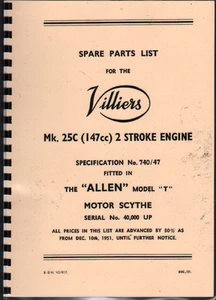 Villiers Mk.25C (Allen Motor Scythe) Engine Illustratated Spare Parts List - Picture 1 of 1